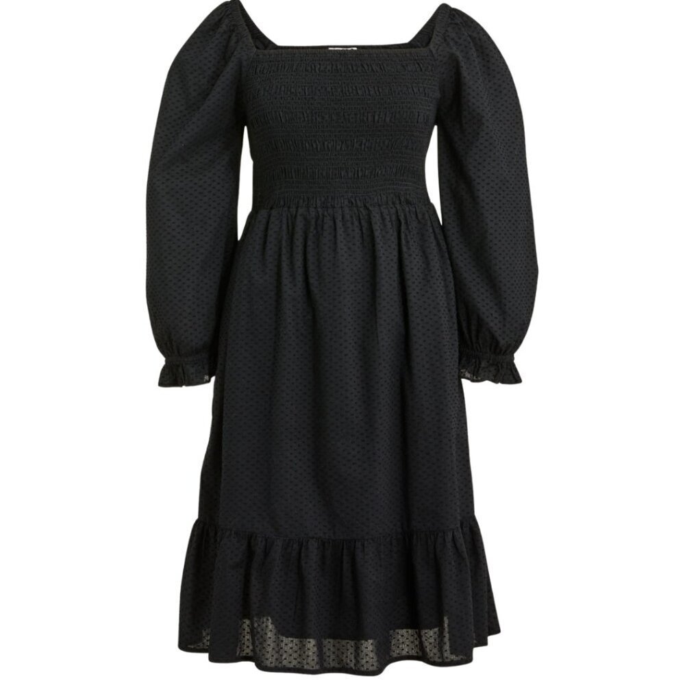 J. Crew Smocked Clip-Dot Puff-Sleeve Mini Dress Womens XS Black Boho Preppy NWOT